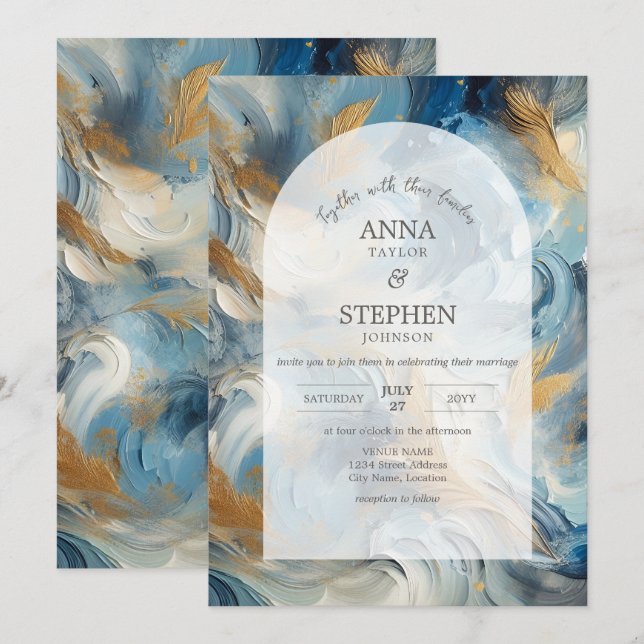 Contemporary Elegance: Blue White Gold Wedding Invitation (Front/Back)