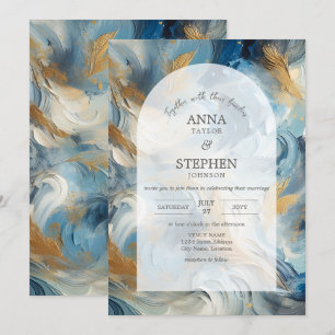 Contemporary Elegance: Blue White Gold Wedding Invitation