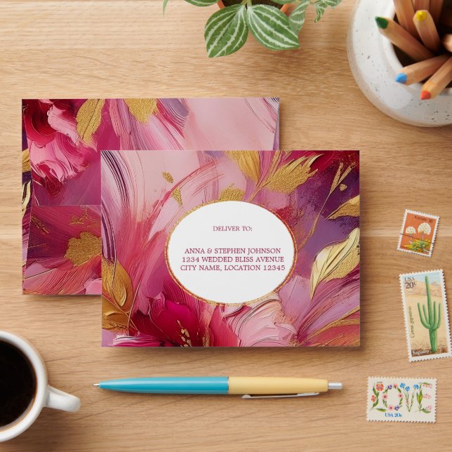 Contemporary Elegance: Fuchsia Pink Gold Return Envelope (Desk)