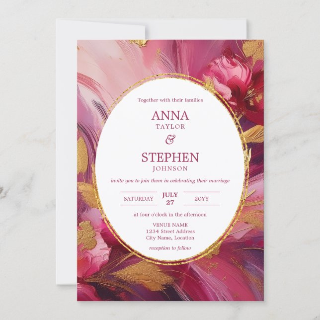 Contemporary Elegance: Fuchsia Pink Gold Wedding Invitation (Front)