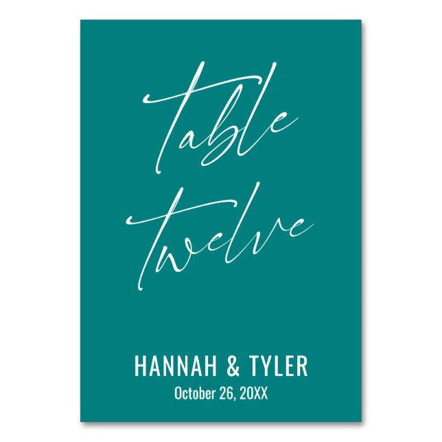 Contemporary Elegant Teal Table Twelve Table Number (Front)