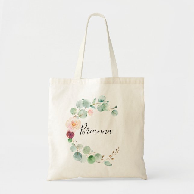 Contemporary Eucalyptus Floral Bridesmaid Tote Bag (Front)