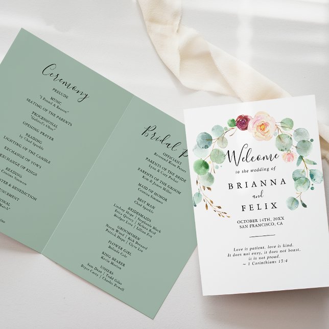 Contemporary Eucalyptus Floral Folded Wedding Programme (Creator Uploaded)