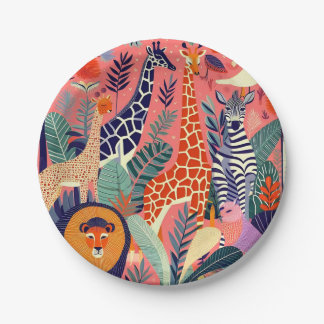 Contemporary exotic animals and birds 1 pink paper plate