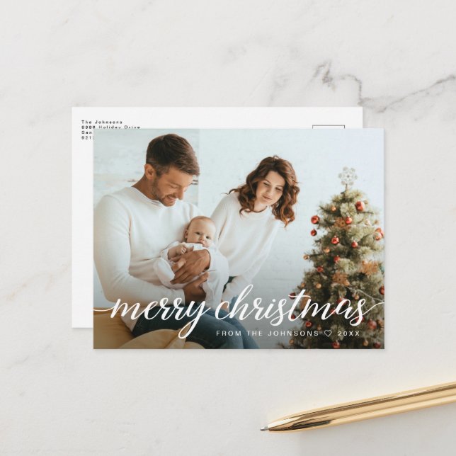 Contemporary Family Photo Merry Christmas Holiday Postcard (Front/Back In Situ)