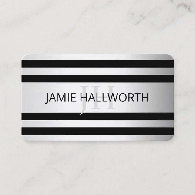 Contemporary Faux Silver Ombre Stripes & Black Business Card (Front)