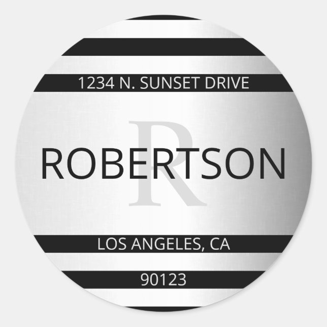 Contemporary Faux Silver Ombre Stripes & Black Classic Round Sticker (Front)