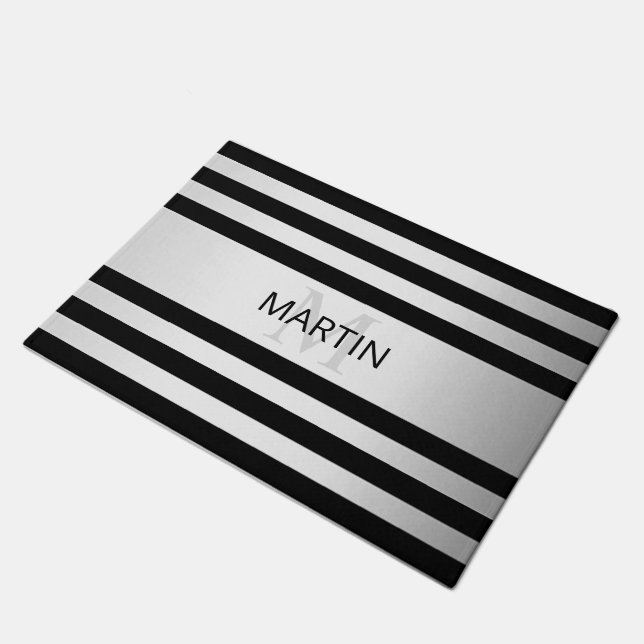 Contemporary Faux Silver Ombre Stripes & Black Doormat (Angled)