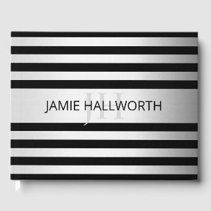 Contemporary Faux Silver Ombre Stripes & Black Guest Book