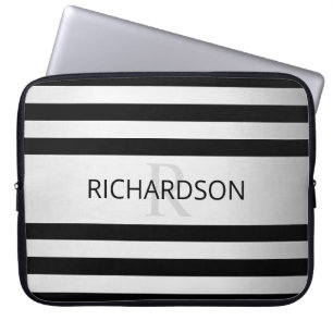 Contemporary Faux Silver Ombre Stripes & Black Laptop Sleeve