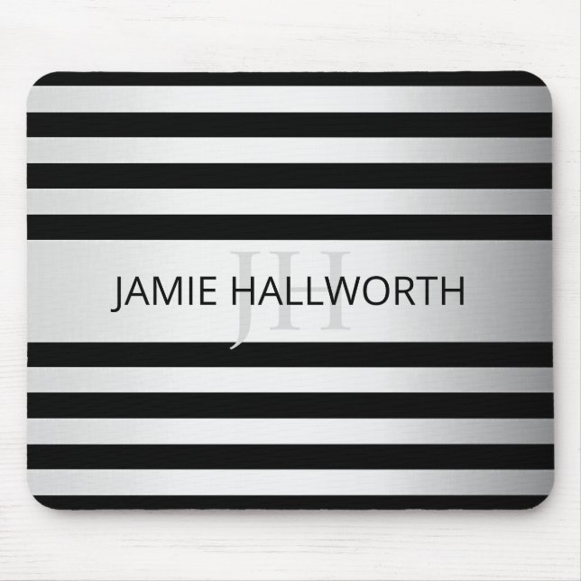Contemporary Faux Silver Ombre Stripes & Black Mouse Mat (Front)