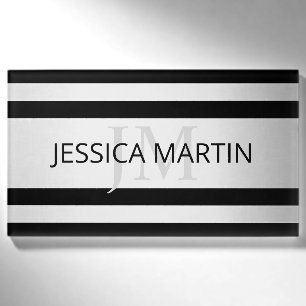 Contemporary Faux Silver Ombre Stripes & Black Name Tag