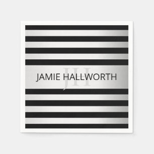 Contemporary Faux Silver Ombre Stripes & Black Napkin