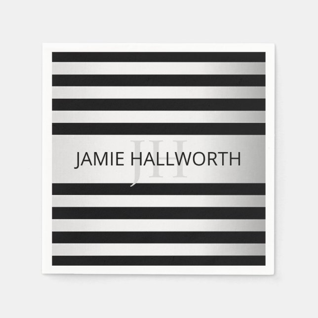 Contemporary Faux Silver Ombre Stripes & Black Napkin (Front)