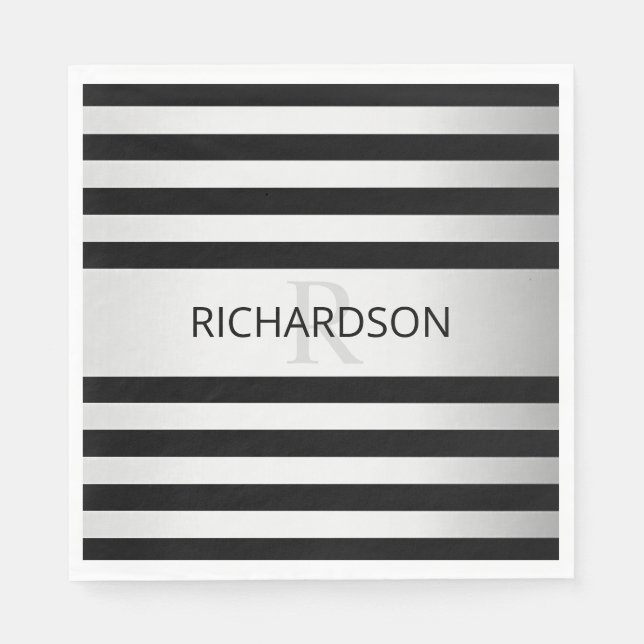 Contemporary Faux Silver Ombre Stripes & Black Napkin (Front)