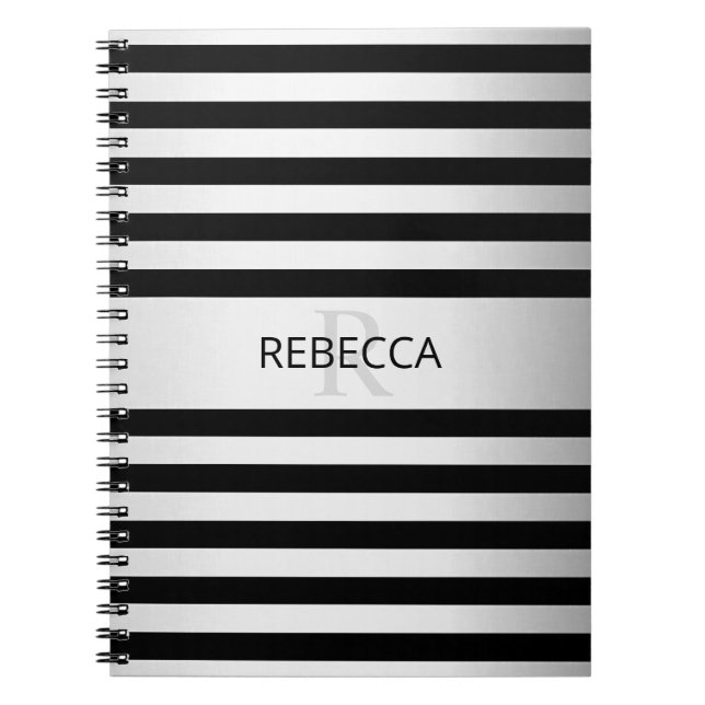 Contemporary Faux Silver Ombre Stripes & Black Notebook (Front)