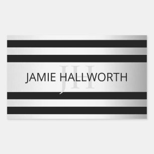 Contemporary Faux Silver Ombre Stripes & Black Rectangular Sticker