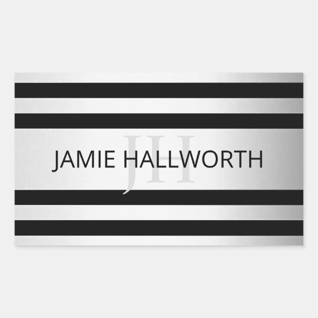 Contemporary Faux Silver Ombre Stripes & Black Rectangular Sticker (Front)