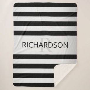 Contemporary Faux Silver Ombre Stripes & Black Sherpa Blanket