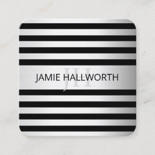 Contemporary Faux Silver Ombre Stripes & Black Square Business Card