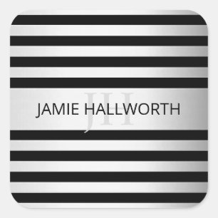 Contemporary Faux Silver Ombre Stripes & Black Square Sticker