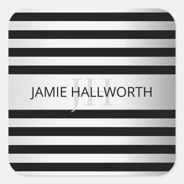 Contemporary Faux Silver Ombre Stripes & Black Square Sticker (Front)