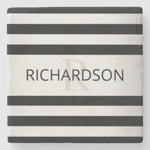 Contemporary Faux Silver Ombre Stripes & Black Stone Coaster
