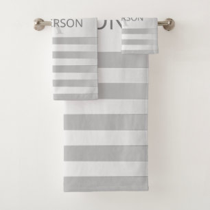 Contemporary Faux Silver Ombre Stripes & Grey Bath Towel Set