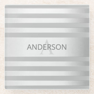 Contemporary Faux Silver Ombre Stripes & Grey Glass Coaster