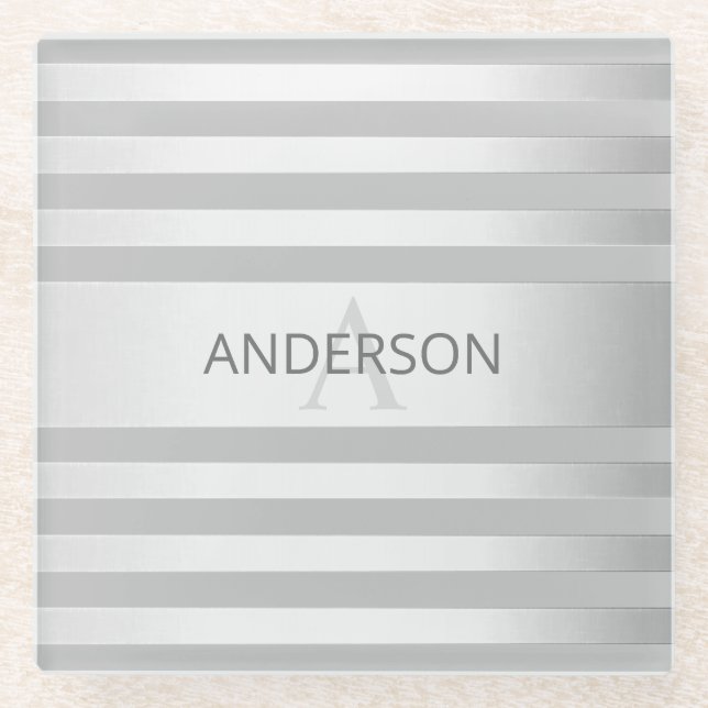 Contemporary Faux Silver Ombre Stripes & Grey Glass Coaster (Front)