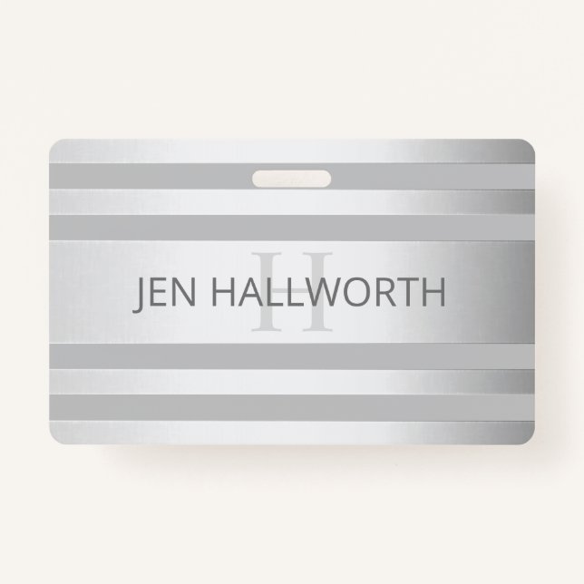 Contemporary Faux Silver Ombre Stripes & Grey ID Badge (Front)