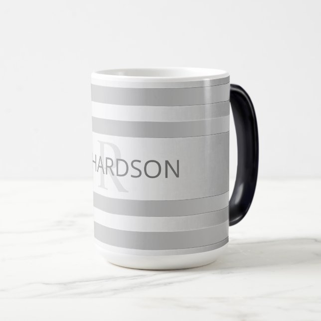 Contemporary Faux Silver Ombre Stripes & Grey Magic Mug (Front Right)