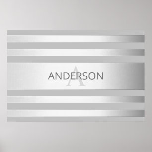 Contemporary Faux Silver Ombre Stripes & Grey Poster