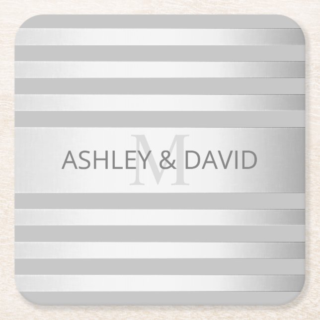 Contemporary Faux Silver Ombre Stripes & Grey Square Paper Coaster (Front)