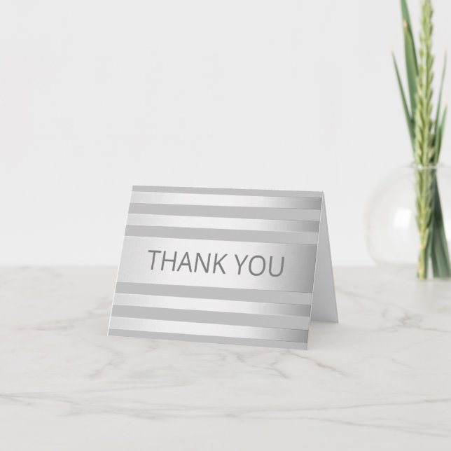 Contemporary Faux Silver Ombre Stripes & Grey Thank You Card (Front)