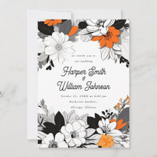 Contemporary floral black, white, orange wedding invitation