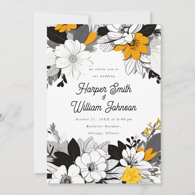 Contemporary floral black, white, yellow wedding invitation (Front)