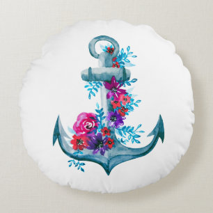 Contemporary Floral Watercolor Anchor Illustration Round Cushion