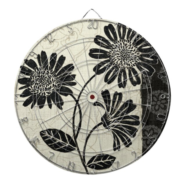 Contemporary Florals in Black and White Dartboard (Front)