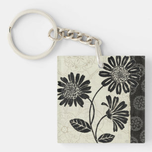 Contemporary Florals in Black and White Key Ring