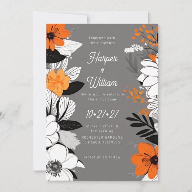 Contemporary flowers black, white, orange wedding invitation (Front)