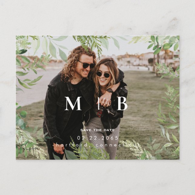 Contemporary Foliage Monogram Photo Save the Date Postcard (Front)