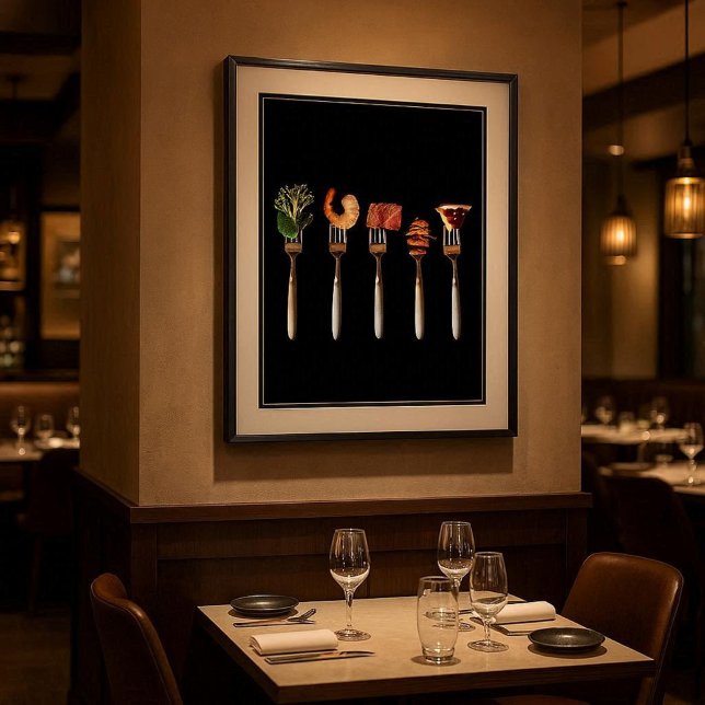 Contemporary Foods on Forks Art Print Poster (Modern foods on forks poster for kitchens, dining rooms, cafés, or upscale restaurant walls)