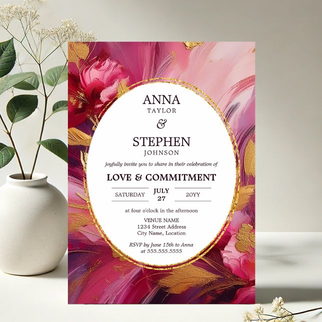 Contemporary Fuchsia Elegance Commitment Ceremony Invitation (Contemporary Elegance in Fuchsia brushstroke commitment ceremony invitation front)
