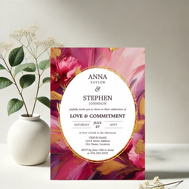 Contemporary Fuchsia Elegance Commitment Ceremony Invitation (Contemporary Elegance in Fuchsia brushstroke commitment ceremony invitation front)