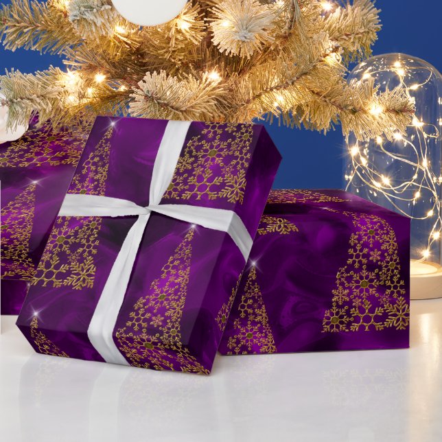 Contemporary Gold Christmas Trees on Purple Wrapping Paper (Holidays)