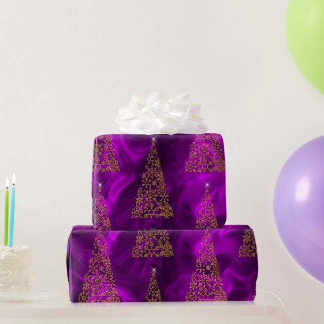 Contemporary Gold Christmas Trees on Purple Wrapping Paper (Party Gifts)