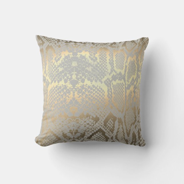 Contemporary Gold Gray Animal Python Snake Skin Cushion (Front)