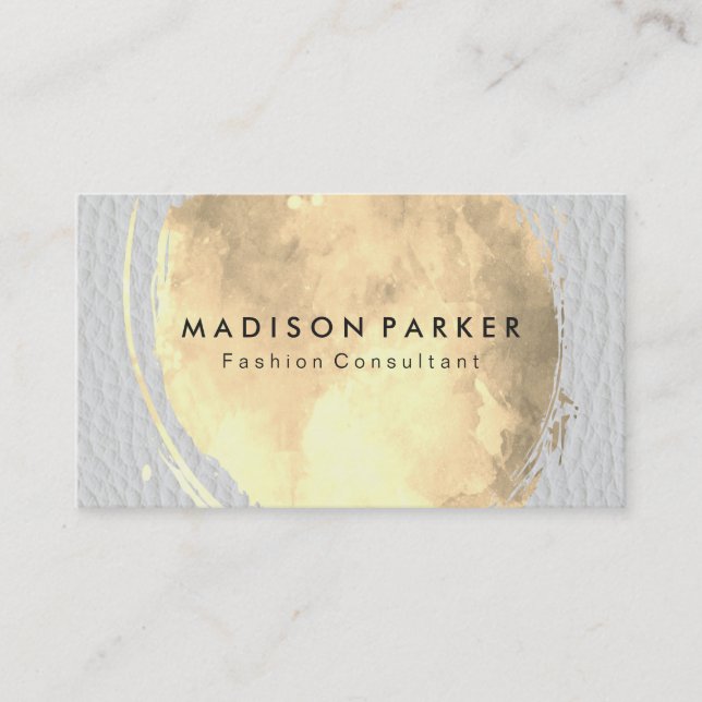 Contemporary Golden Water Colour White Leather Business Card (Front)
