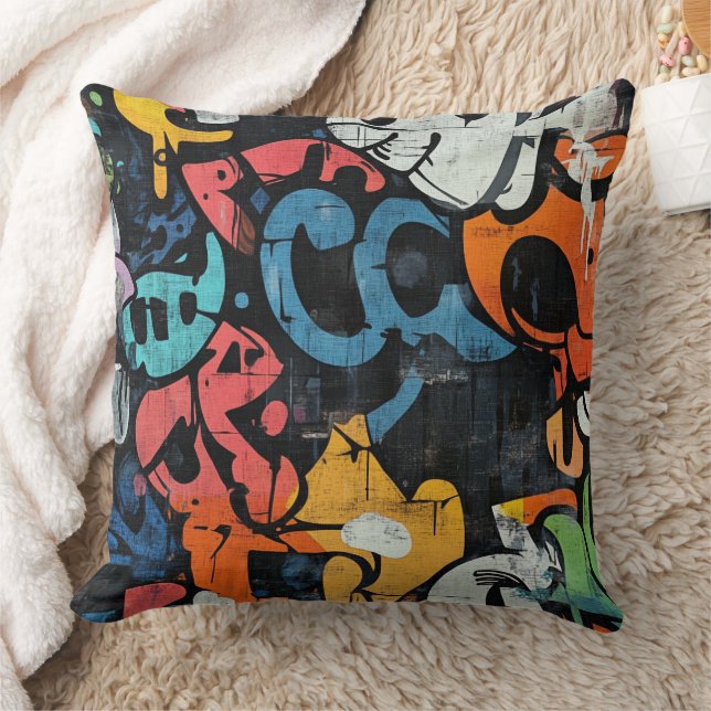 Contemporary Graffiti Abstract Pink Blue Black Cushion (Blanket)